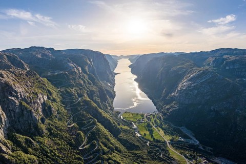 Winding road Lysevegen and village Lysebotn, hairpin bends, Lysefjord, Rogaland, Norway, Europe