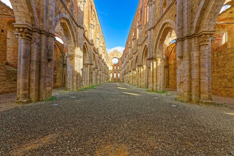 Nave, crossing and choir, church ruins of the Cistercian Abbey of San Galgano, Abbazia San Galgano,