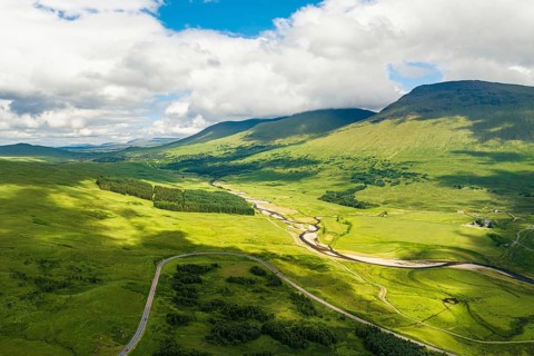 Loch Tulla and Beinn Dorain from a drone, Glen Coe, Highlands, Scotland, UK