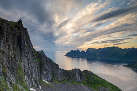Fjord and mountains, mountain range Okshornan in the back, Senja, Norway, Europe