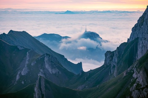 Alpstein, valley of Meglisalp at sunrise, high fog in the valley, SÃ¤ntis, Appenzell Ausserrhoden,