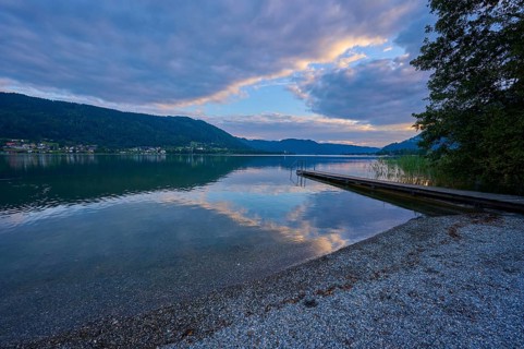 Lakeside, bathing jetty, sky, clouds, sunset, summer, Steindorf am Lake Ossiach, Lake Ossiach,
