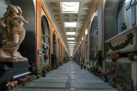 Covered tombs at the Monumental Cemetery, Cimitero monumentale di Staglieno), Genoa, Italy, Europe