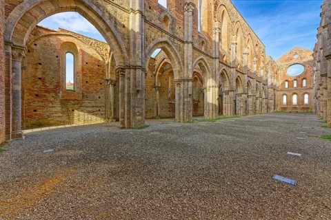 Nave, crossing and choir, church ruins of the Cistercian Abbey of San Galgano, Abbazia San Galgano,