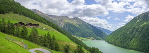 View of the Finalhof farm and Vernagt reservoir, Val Senales, Vernagt, South Tyrol, Italy, Europe