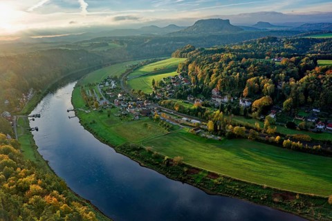 View of the river Elbe from the Basteiaussicht, Saxon Switzerland, Elbe Sandstone Mountains,