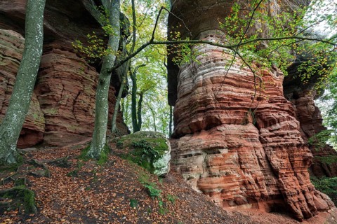 Old castle rock, red sandstone rock formation, natural and cultural monument, Brechenberg near