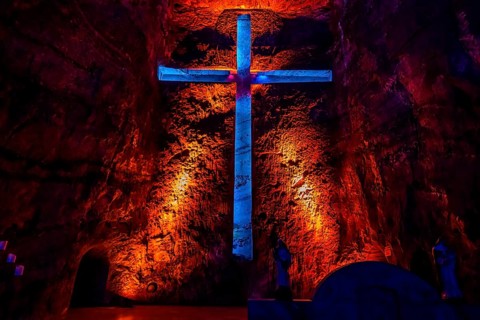 Giant salt cross in the Salt cathedral of Zipaquira, Colombia, South America