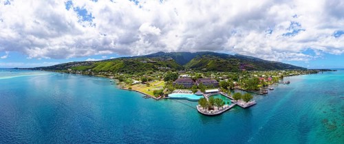 Panorama, Aerial view, Northwest coast, Te Moana Tahiti Resort, Tahiti-Nui, Society Islands,