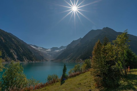Schlegeisspeicher (1782m), glacier at Schlegeiskees, blue sky, backlight, Zillertal Alps, Tyrol,