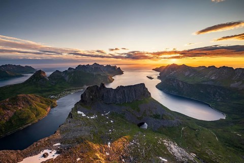 View over Senja's fjords and mountain peaks under the midnight sun, Mount Grytetippen, Senja,