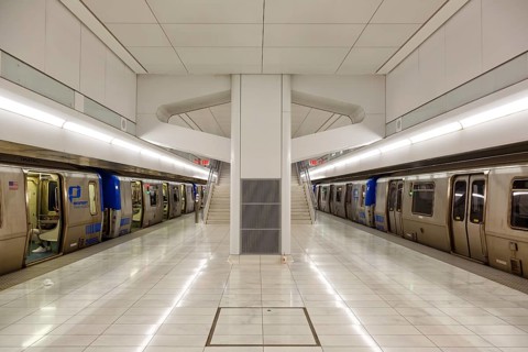 PATH Port Authority Trans-Hudson commuter train at the World Trade Centre WTC station in New York,