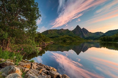 Mountains and clouds reflected in the sea, evening mood, near Sto, Langoya Island, Vesteralen,