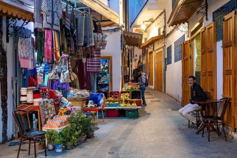 Shops at night in shopping street in medina of the city Tangier, Tanger, Morocco, Africa