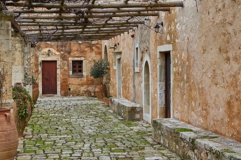 Wine arbour, stone floor, moss, building, Arkadi, Orthodox Monastery, National Monument, Rethimnon