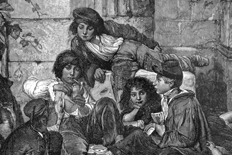 Parisian children, Paris, group, teenagers, street, lying, sitting, smoking, girls, boys, poor,