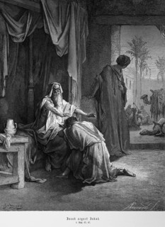 Bible, Isaac blesses Jacob, Genesis, 27, interior, table, jug, curtain, kneeling, view to the