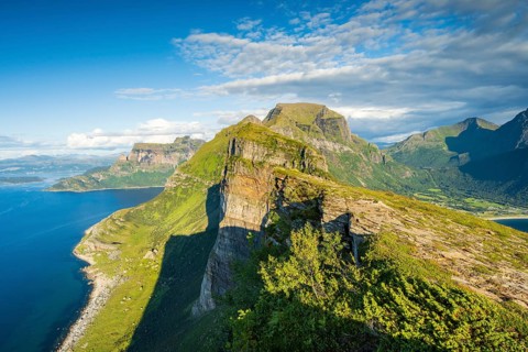 View from Finnesfjellet mountain to mountains and coast, Finnes, Helgeland coast, Bodo, Nordland,