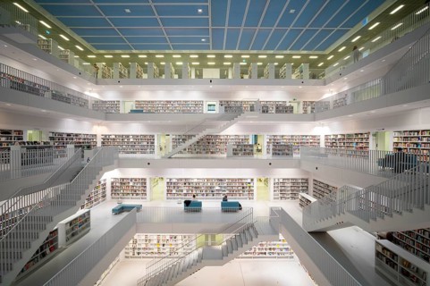 Interior view, gallery hall with staircases of the city library, architect Eun Young Yi, Stuttgart,