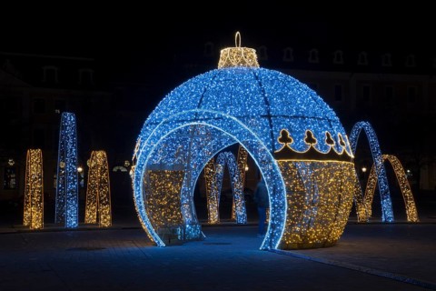 Walk-in illuminated globe and arc, Cathedral Square, World of Lights, Magdeburg, most extensive