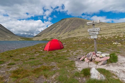 Tent by a mountain lake, Rendalen, Hedmark, Norway, July 2010, Europe
