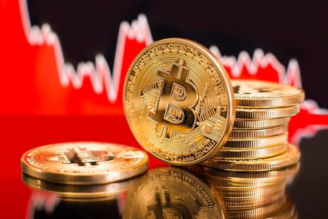 Bitcoin with a red chart drop. Price crash and bear market trend concept