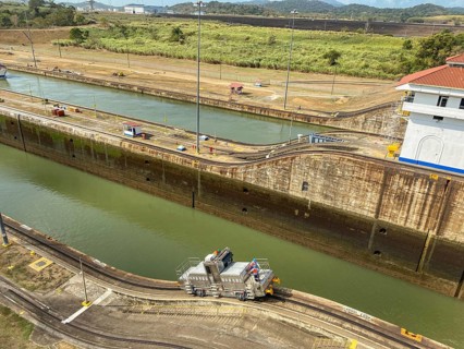 Water lock with a small vehicle on rails along the canal, panama city, panamakanl, panama, Central