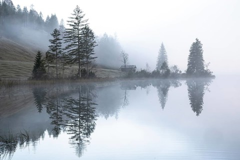 Morning fog at Ferchensee near Mittenwald