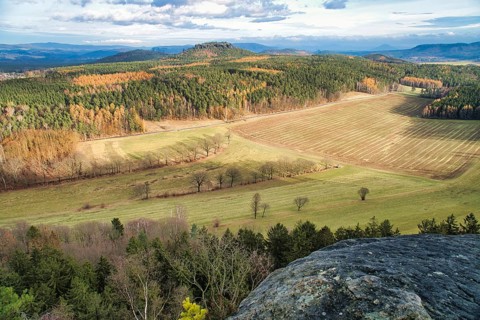 View from the Pfaffenstein. Forests, mountains, fields, vastness, panorama. Landscape from the Elbe