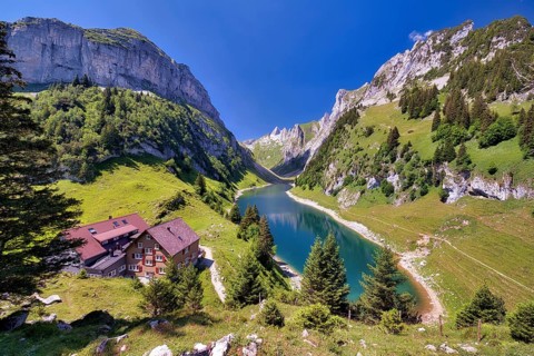 Fählensee with Bollenwees mountain inn in the Alpstein, Appenzell Alps, Canton Appenzell