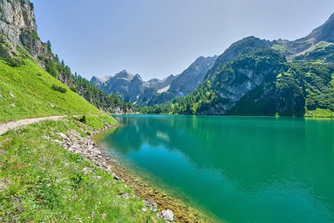 Tappenkarsee with Raucheck and Wildkarhöhe, alpine pasture, mountain lake, Radstätter Tauern,