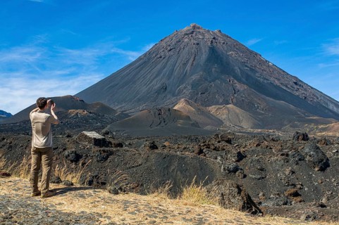Man photographing vulcano on Fogo. Cabo Verde. Africa