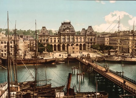 Stock Exchange and Docks, Le Havre, France, c. 1890, Historic, digitally enhanced reproduction of a