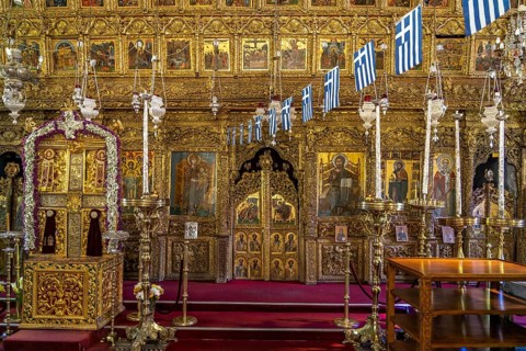 Iconostasis in the interior of the Timiou Stavrou or Holy Cross Church in Pano Lefkara, Cyprus,