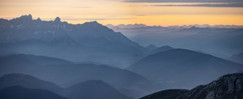 Evening mood, silhouettes, dramatic mountain landscape, view from Hochkönig, Salzburger Land,
