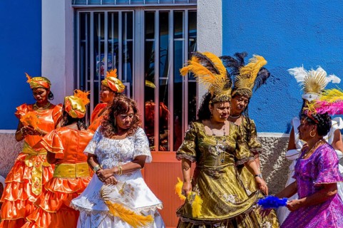 Colourful dressed women. Carnival. Mindelo. Cabo Verde. Africa