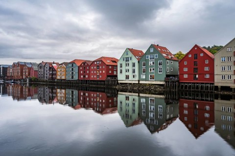 Old warehouses by the river Nidelva, Trondheim, Norway, Europe