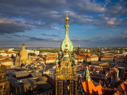 Old town of Dresden with the famous towers. in the foreground the Catholic Court Church