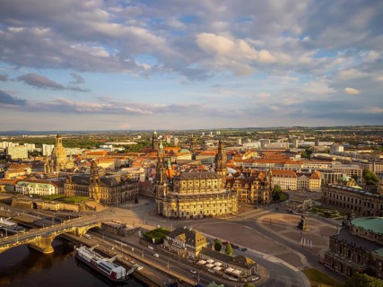 Old town of Dresden with the famous towers. in the foreground the Catholic Court Church