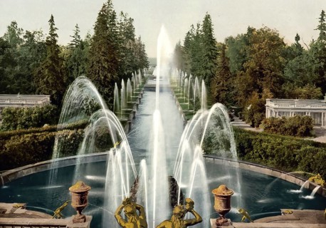 Peterhof, View over the fountain towards the sea, St. Petersburg, Russia, c. 1890, Historic,