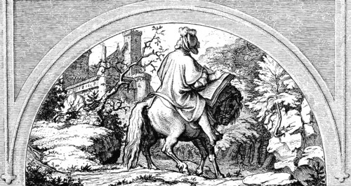 Martin Luther riding away from the Wartburg, horse, landscape, nature, way, bible, religion,
