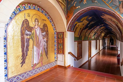 Mosaics in the corridor of Kykkos Monastery in the Troodos Mountains, Cyprus, Europe