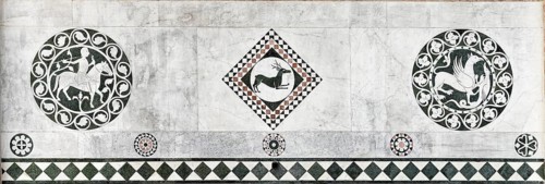 Rider, stag, griffin and bird, stone inlay, Romanesque, main façade, cathedral, Cattedrale di San