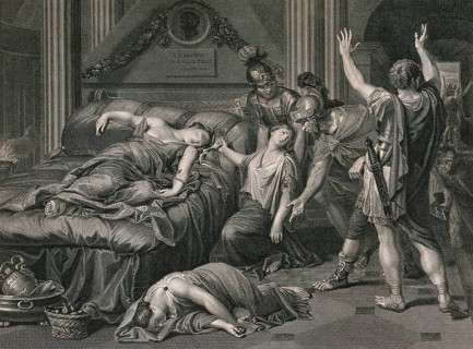 Roman soldiers discover Cleopatra lying dead on her bed with a snake in her left hand, Historical,