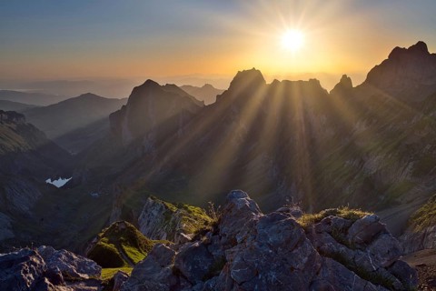 Alpstein mountains at sunrise, view of Seealpsee and Hoher Kasten mountain, Canton Appenzell