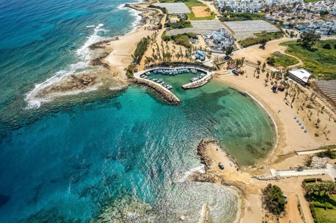 Agia Triada Beach or Trinity Beach seen from the air, Paralimni, Cyprus, Europe