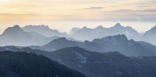 Evening mood, silhouettes, dramatic mountain landscape, view from Hochkönig, Salzburger Land,