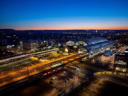 Central station at Wiener Platz. The new construction has been completed, the membrane roof of the