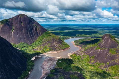 Aerial of the huge granite hills, Cerros de Mavecure, Eastern Colombia