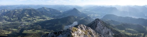 Alpine panorama, aerial view, evening mood in the mountains, Schaffauer and Hintersteiner lakes,